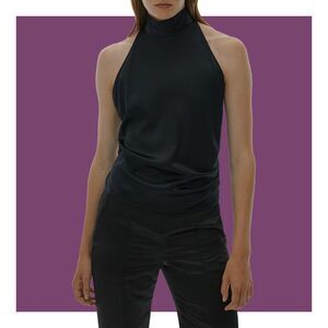 Helmut Lang MKNK Black Silk Open Racerback Ruched Side Halter Top Size S NWT